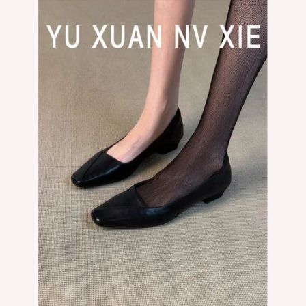 羊皮版~法式复古方头单鞋女春秋新款百搭软底时尚气质通勤工作鞋