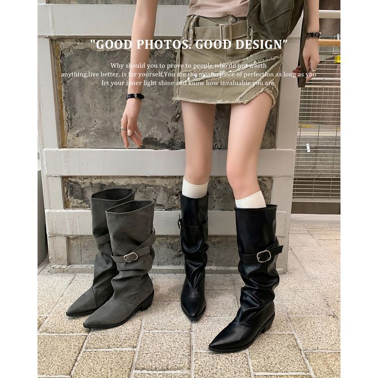 小众设计胖mm粗腿长筒靴尖头粗跟裤管靴女大筒围骑士靴褶皱堆堆靴主图