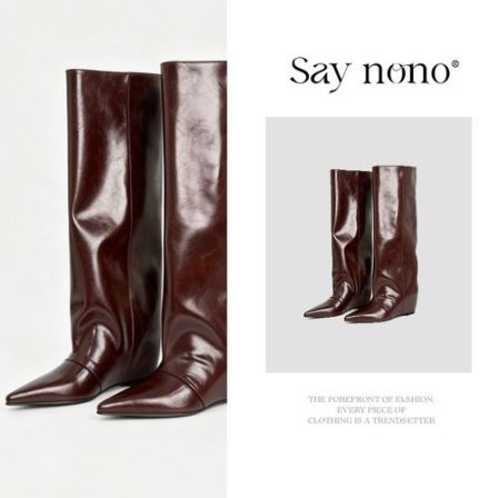 Say nono 法式复古尖头宽筒长靴中跟显瘦骑士靴酒红色直筒靴子5cm