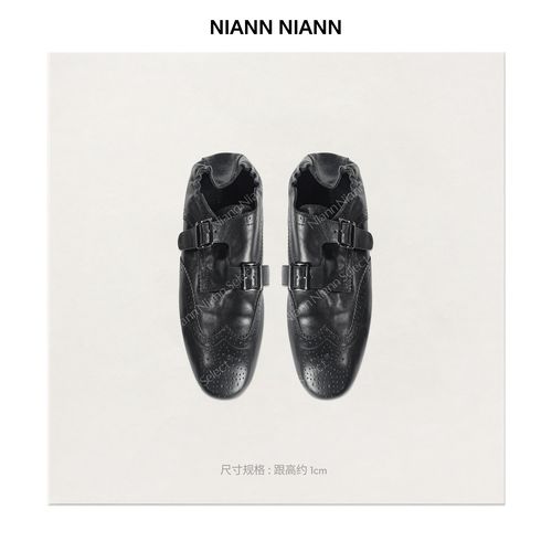 NiannNiann 26新女装复古雕花外牛皮内羊皮舒适一脚蹬乐福鞋17363主图
