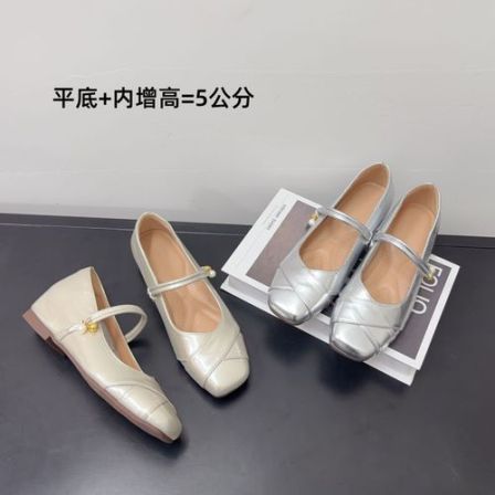 内增高5cm~法式方头玛丽珍鞋女夏季浅口软底百搭平底气质方头单鞋