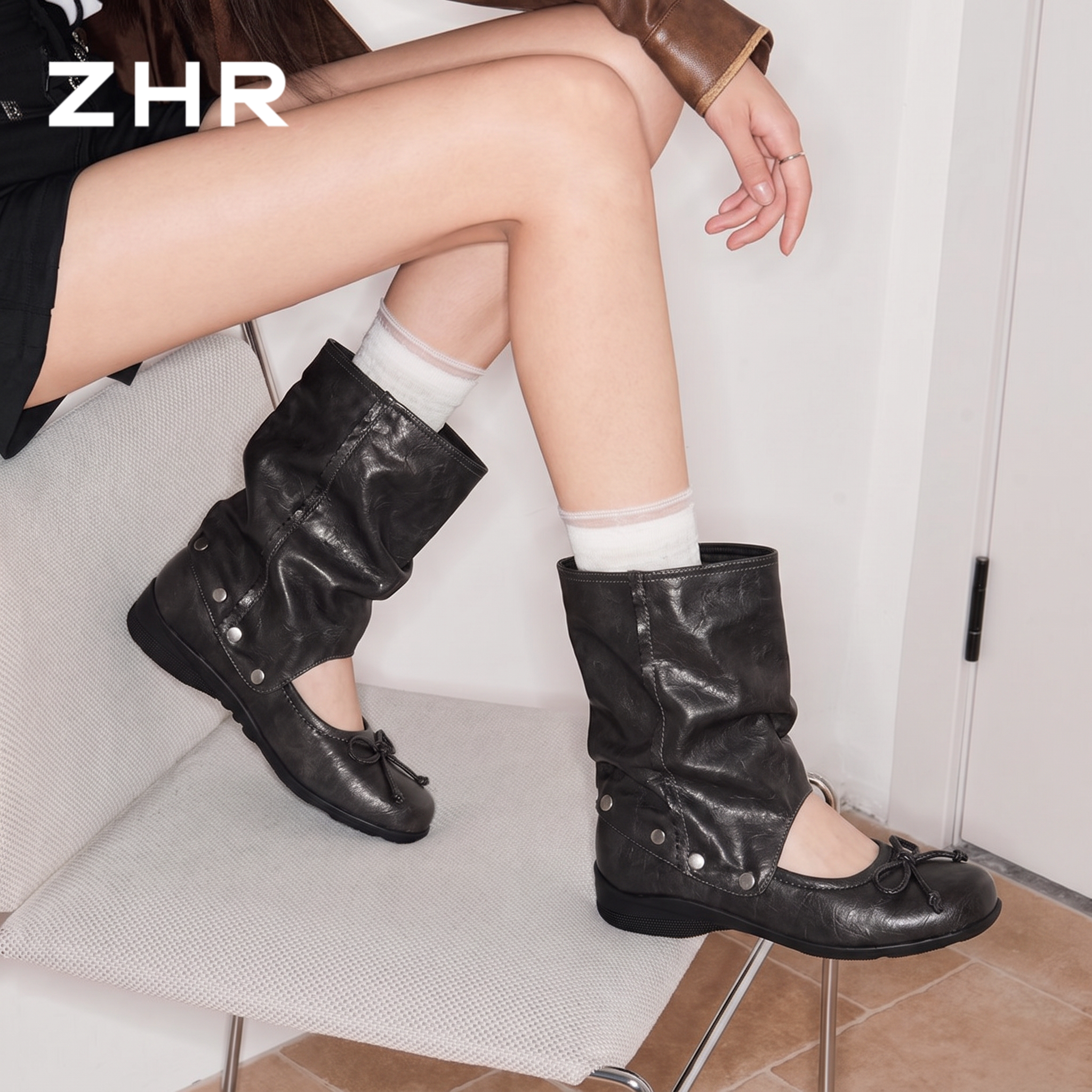 ZHR则则芭蕾堆堆短靴女2026夏秋新款两穿可拆卸凉靴法式浅口单鞋主图