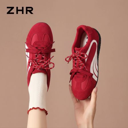 ZHR则则真皮红色德训鞋女2026秋季新款内增高阿甘鞋复古运动板鞋