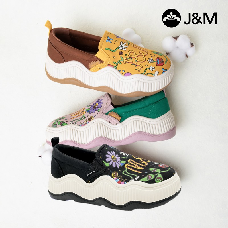 J&M/快乐玛丽趣味花卉涂鸦一脚蹬帆布鞋女厚底轻便久穿不累休闲鞋主图