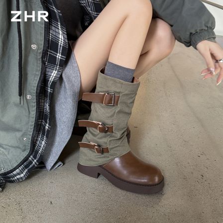 ZHR则则拼接中筒靴女2026秋冬新款厚底西部靴复古骑士靴堆堆靴子