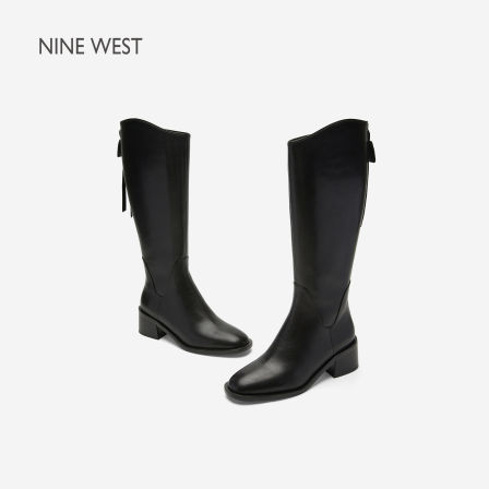Nine West/玖熙黑色长筒骑行靴女百搭粗跟瘦瘦靴时装靴长腿显瘦靴
