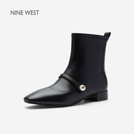Nine West/玖熙通勤风珍珠扣尖头短靴女黑色低跟侧拉链气质踝靴