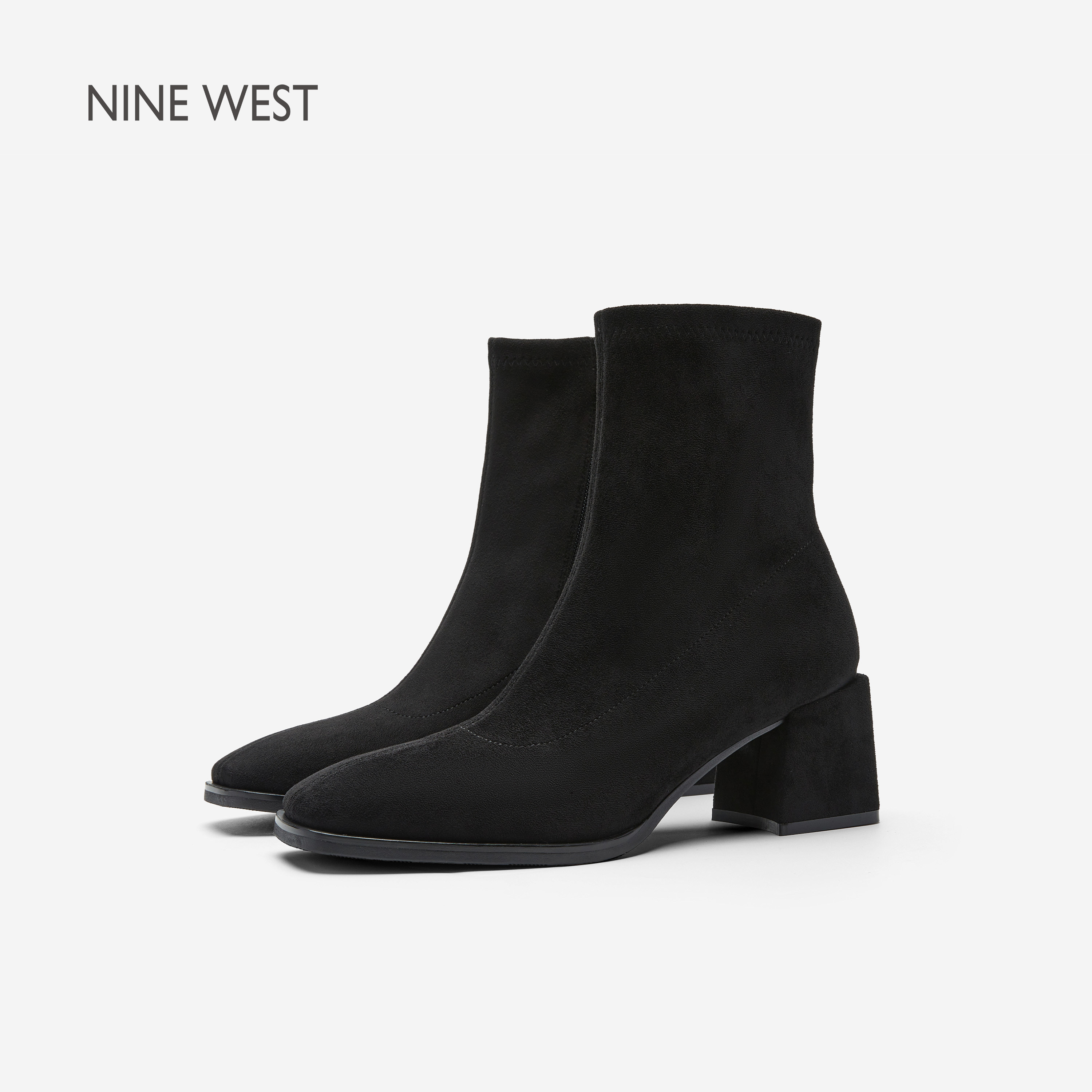 Nine West/玖熙简约风黑色绒面粗跟短靴女秋冬弹力通勤修身方头靴主图