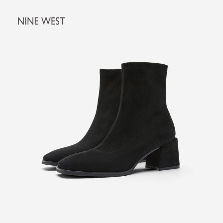 Nine West/玖熙简约风黑色绒面粗跟短靴女秋冬弹力通勤修身方头靴