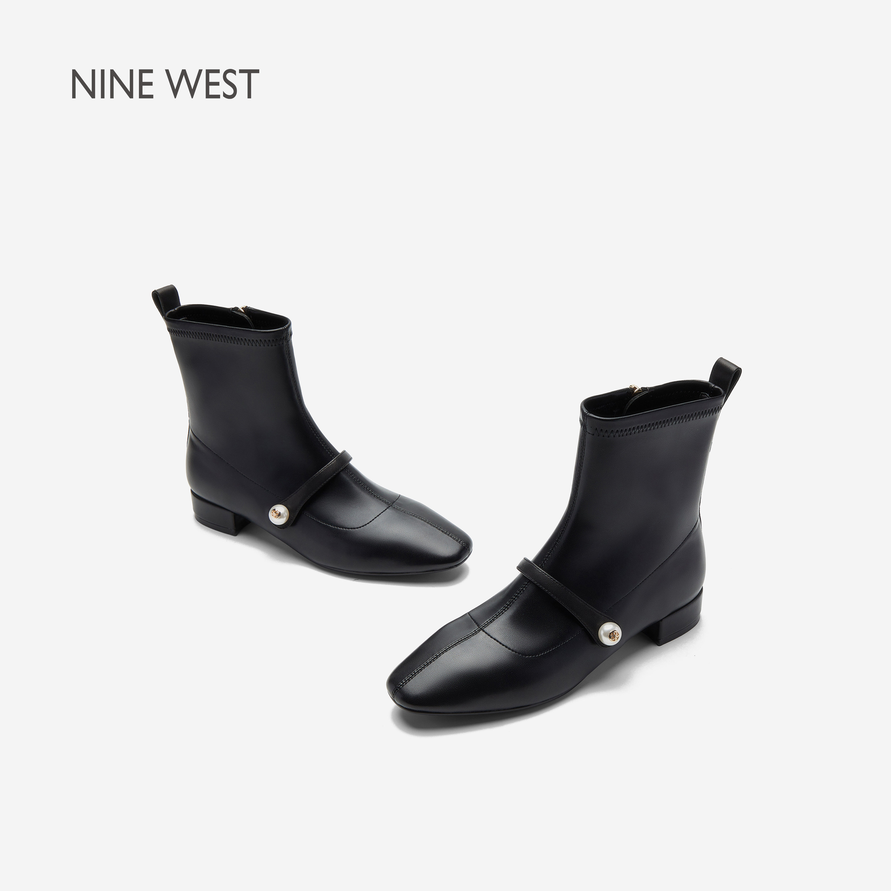 Nine West/玖熙复古风珍珠扣带短靴女黑色尖头低跟侧拉链踝靴气质主图