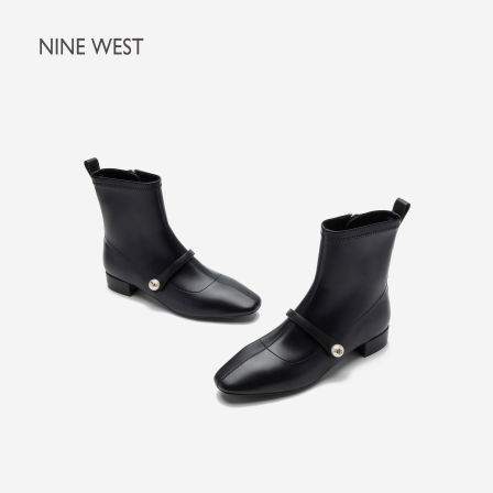 Nine West/玖熙复古风珍珠扣带短靴女黑色尖头低跟侧拉链踝靴气质
