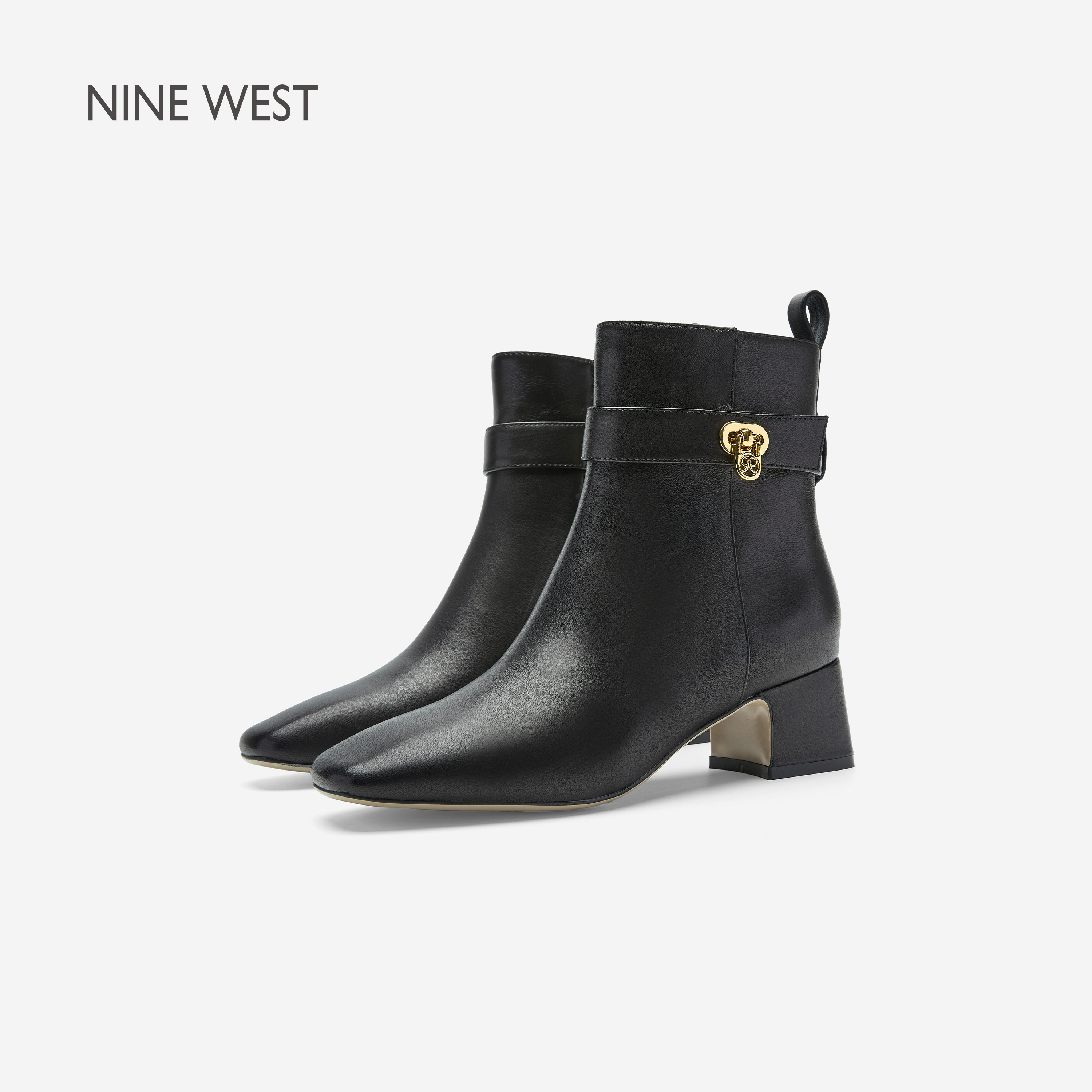 Nine West/玖熙法式优雅风方头粗跟短靴女秋冬金属装饰气质时装靴主图