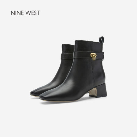 Nine West/玖熙法式优雅风方头粗跟短靴女秋冬金属装饰气质时装靴