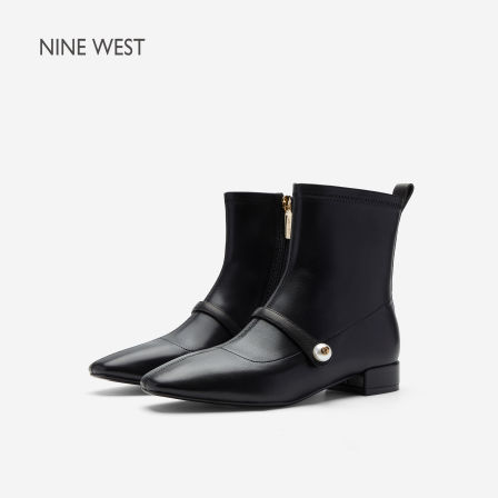 Nine West/玖熙轻熟风尖头低跟短靴女黑色珍珠扣侧拉链气质踝靴