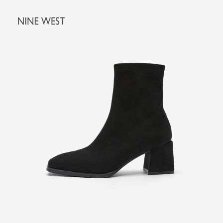 Nine West/玖熙法式绒面粗跟短靴女黑色百搭通勤显瘦靴气质时装靴