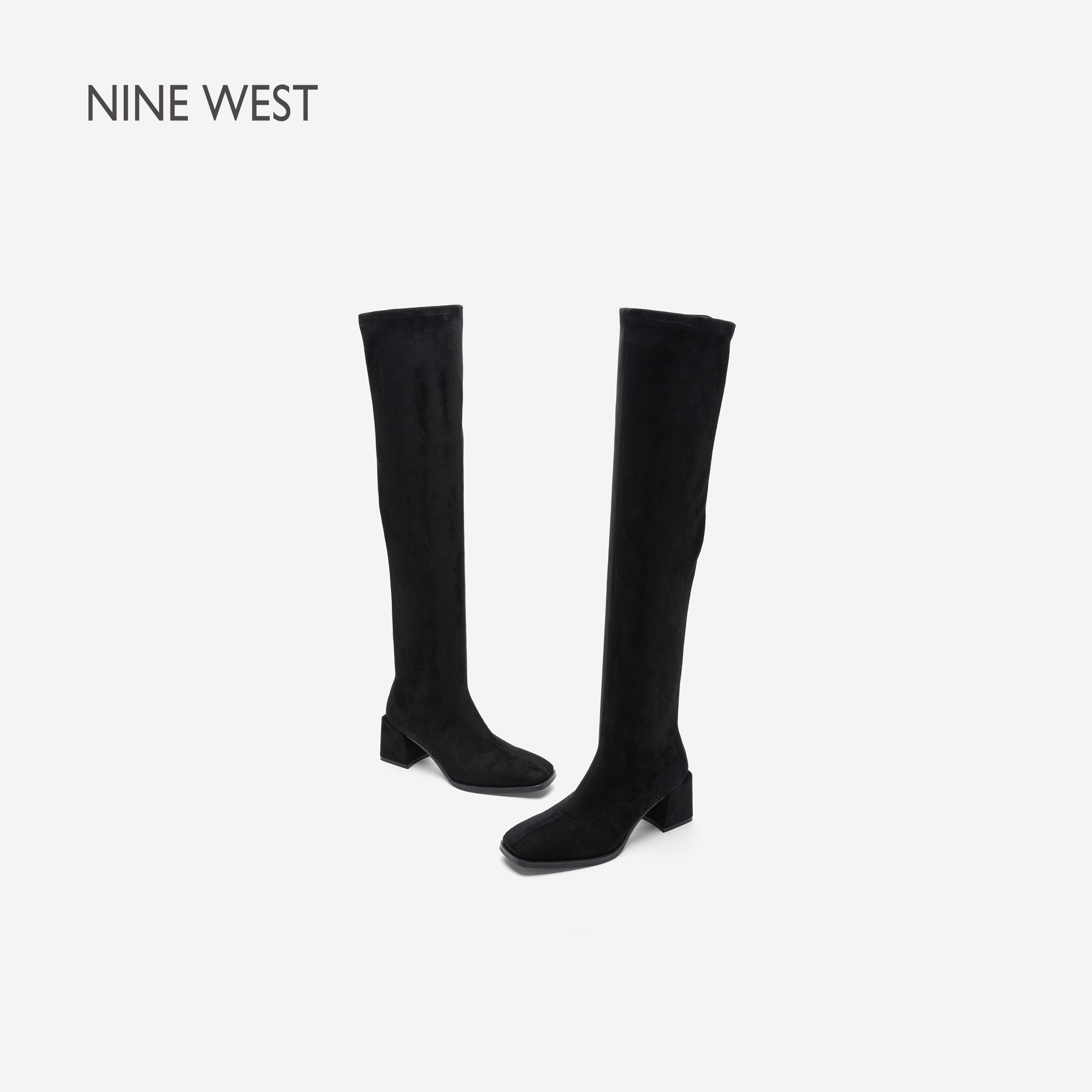 Nine West/玖熙黑色弹力过膝长靴女简约粗跟方头通勤显瘦瘦瘦靴主图