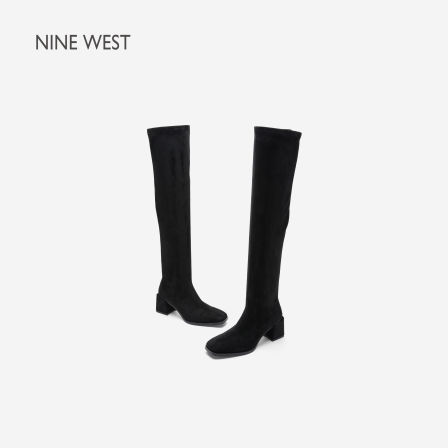 Nine West/玖熙黑色弹力过膝长靴女简约粗跟方头通勤显瘦瘦瘦靴