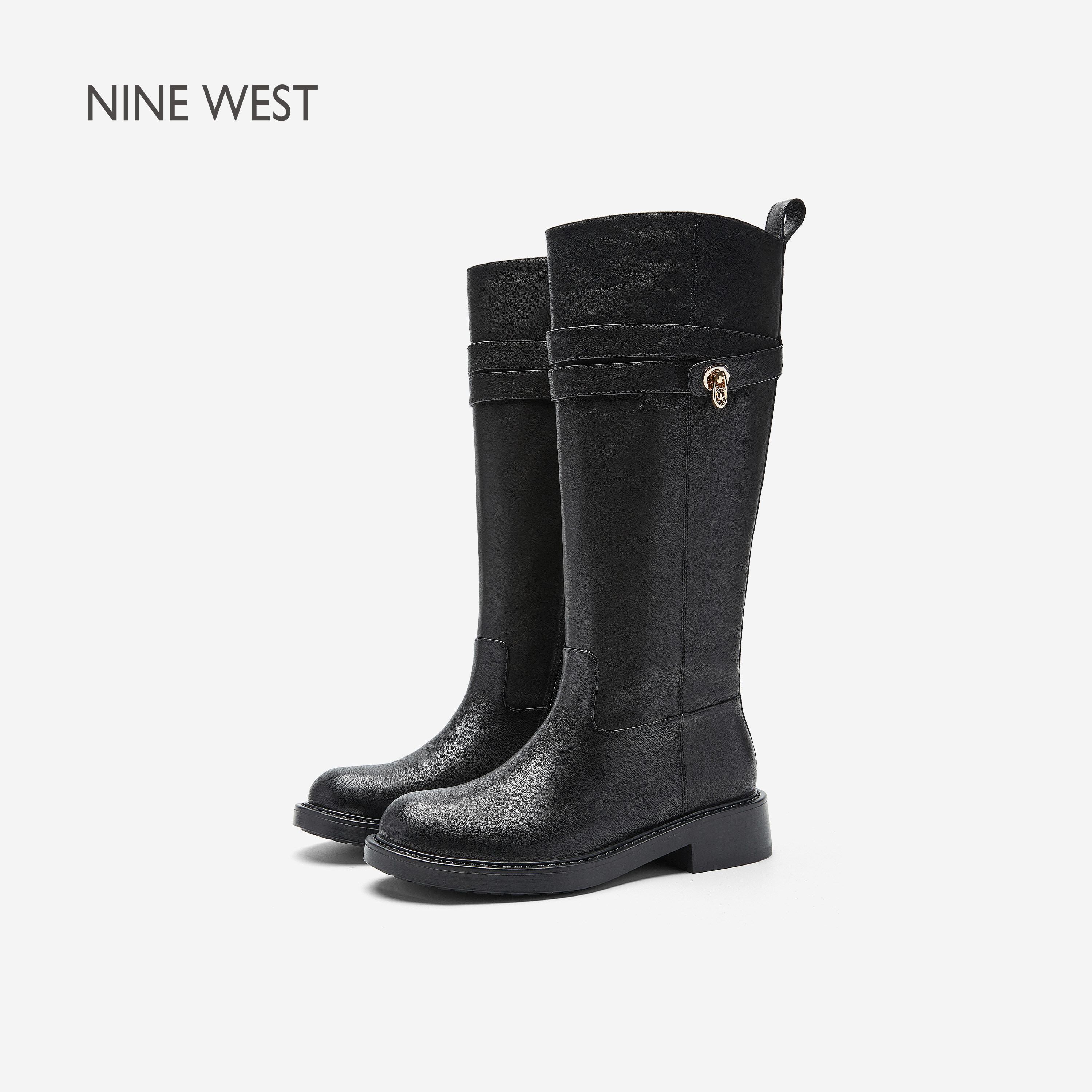 Nine West/玖熙新款黑色长筒靴女金属扣骑行靴百搭通勤靴时装靴主图