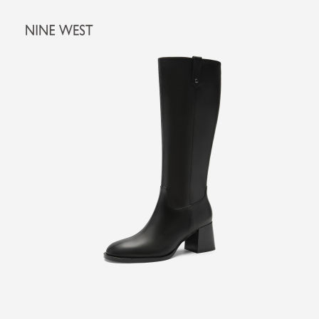 Nine West/玖熙通勤风圆头粗跟高筒靴女黑色侧拉链百搭显瘦时装靴