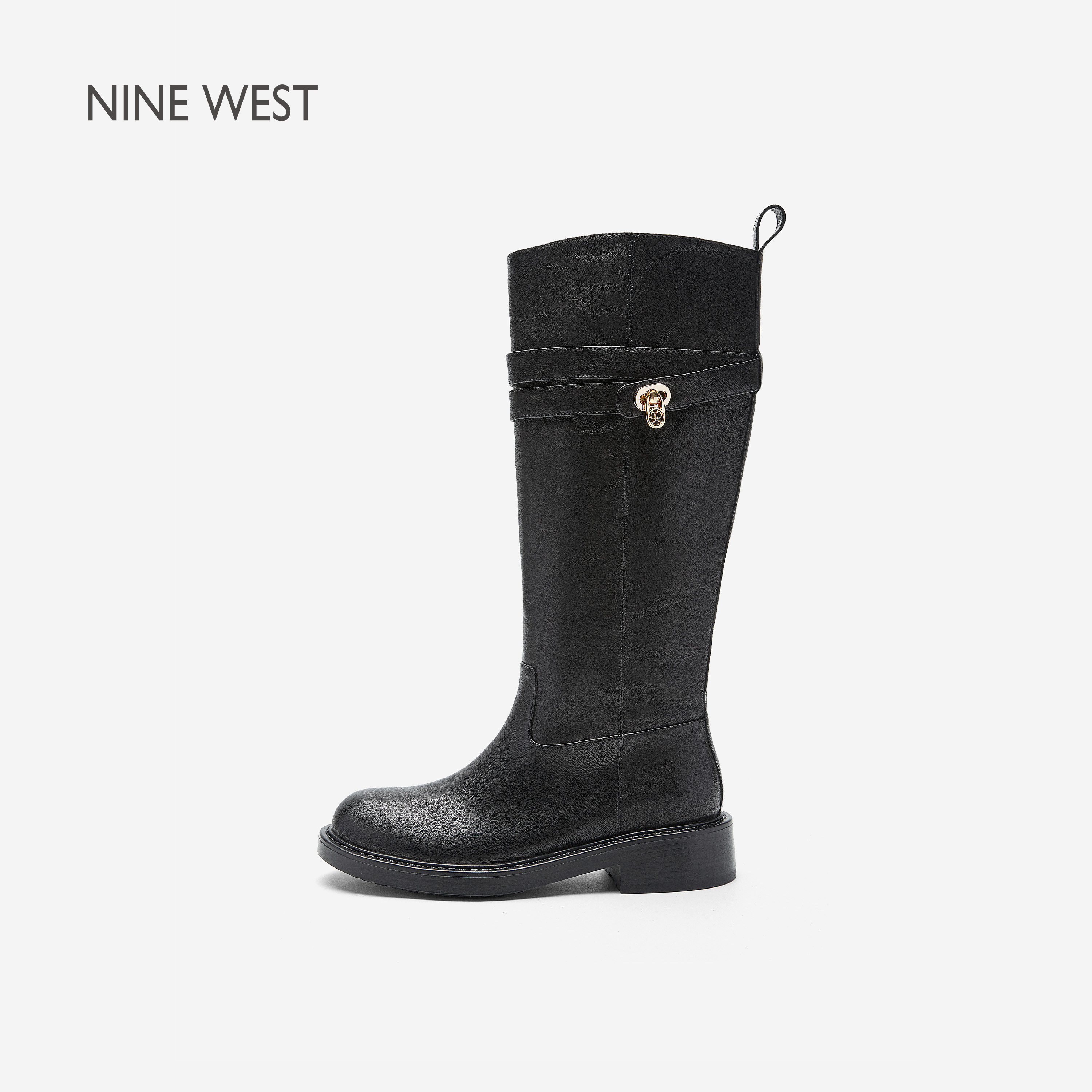 Nine West/玖熙金属锁扣粗根骑行靴女黑色长筒靴百搭通勤真皮靴主图