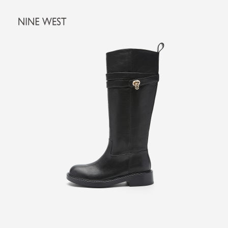 Nine West/玖熙金属锁扣粗根骑行靴女黑色长筒靴百搭通勤真皮靴