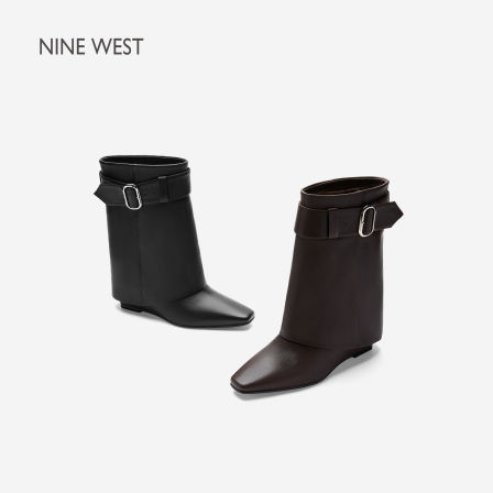 Nine West/玖熙秋冬方扣中筒靴女平安全裤管靴小众百搭通勤时装靴