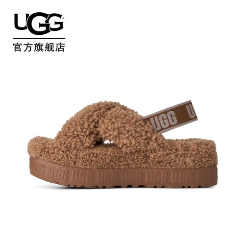 UGG秋季新款女士时尚舒适纯色露趾交叉绑带款休闲毛毛拖鞋1191135主图