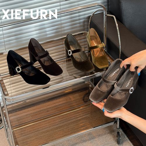 XIEFURN/鞋夫人复古高级感丝绒玛丽珍鞋女粗跟一字扣方头浅口单鞋主图