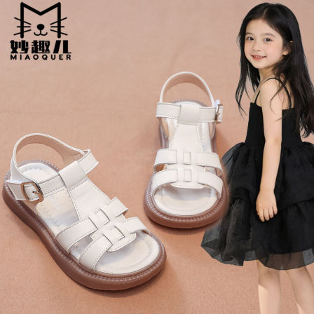 妙趣儿女童凉鞋夏季新款小女孩鞋子露趾中大童罗马时尚宝宝皮凉鞋