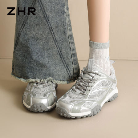 ZHR则则银色闪钻老爹鞋女2026新款秋季厚底赤足鞋休闲户外运动鞋
