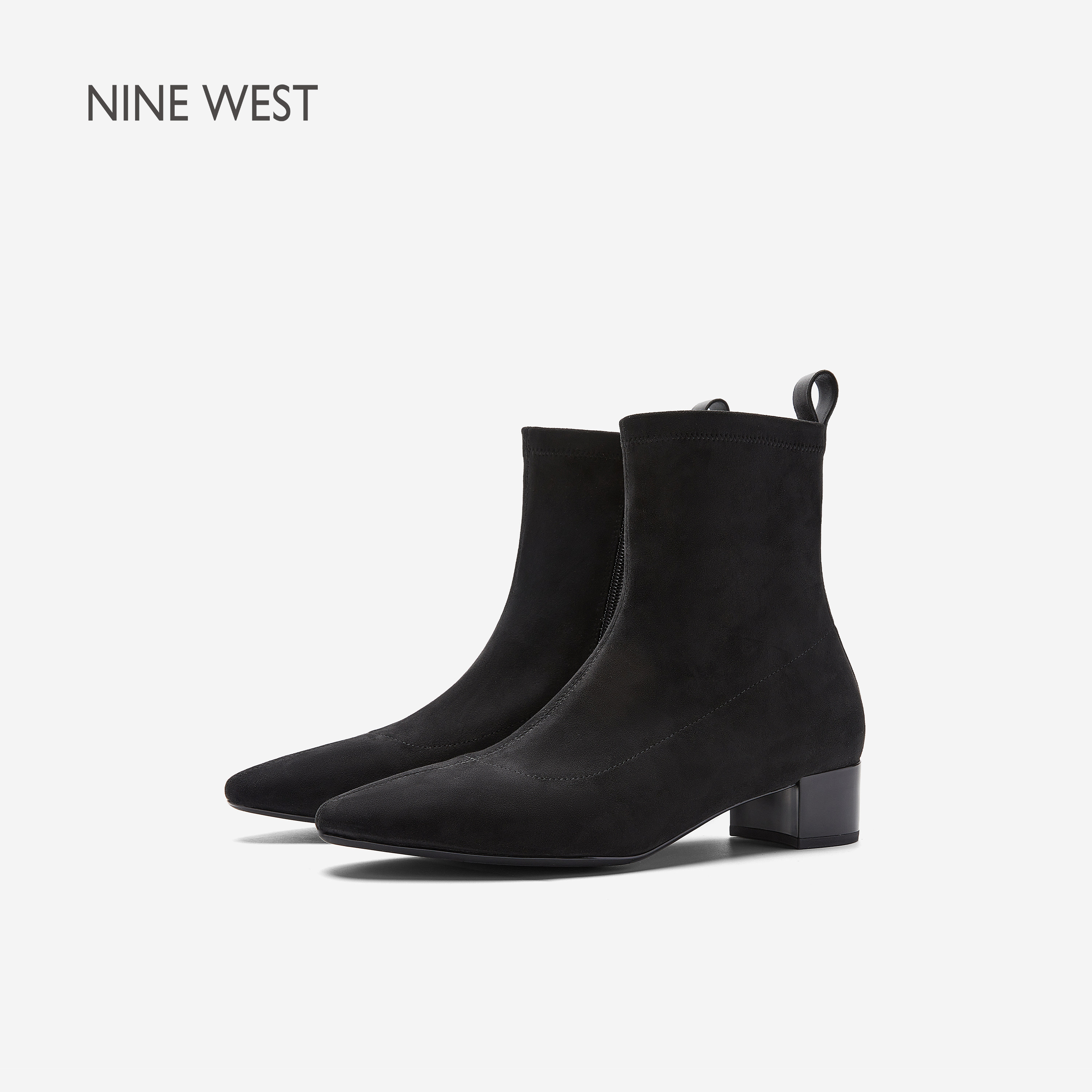 Nine West/玖熙新款2026秋冬黑色尖头弹力短靴女粗跟百搭瘦瘦靴主图