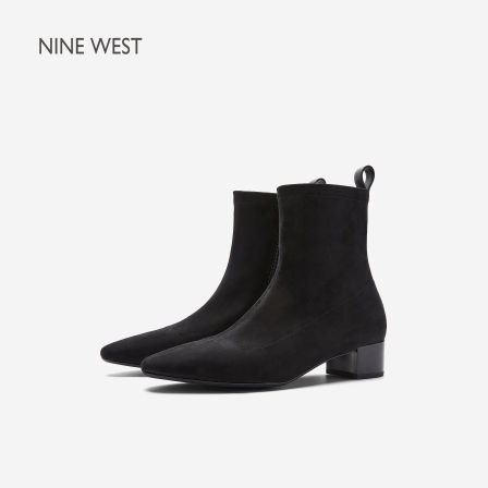 Nine West/玖熙新款2026秋冬黑色尖头弹力短靴女粗跟百搭瘦瘦靴
