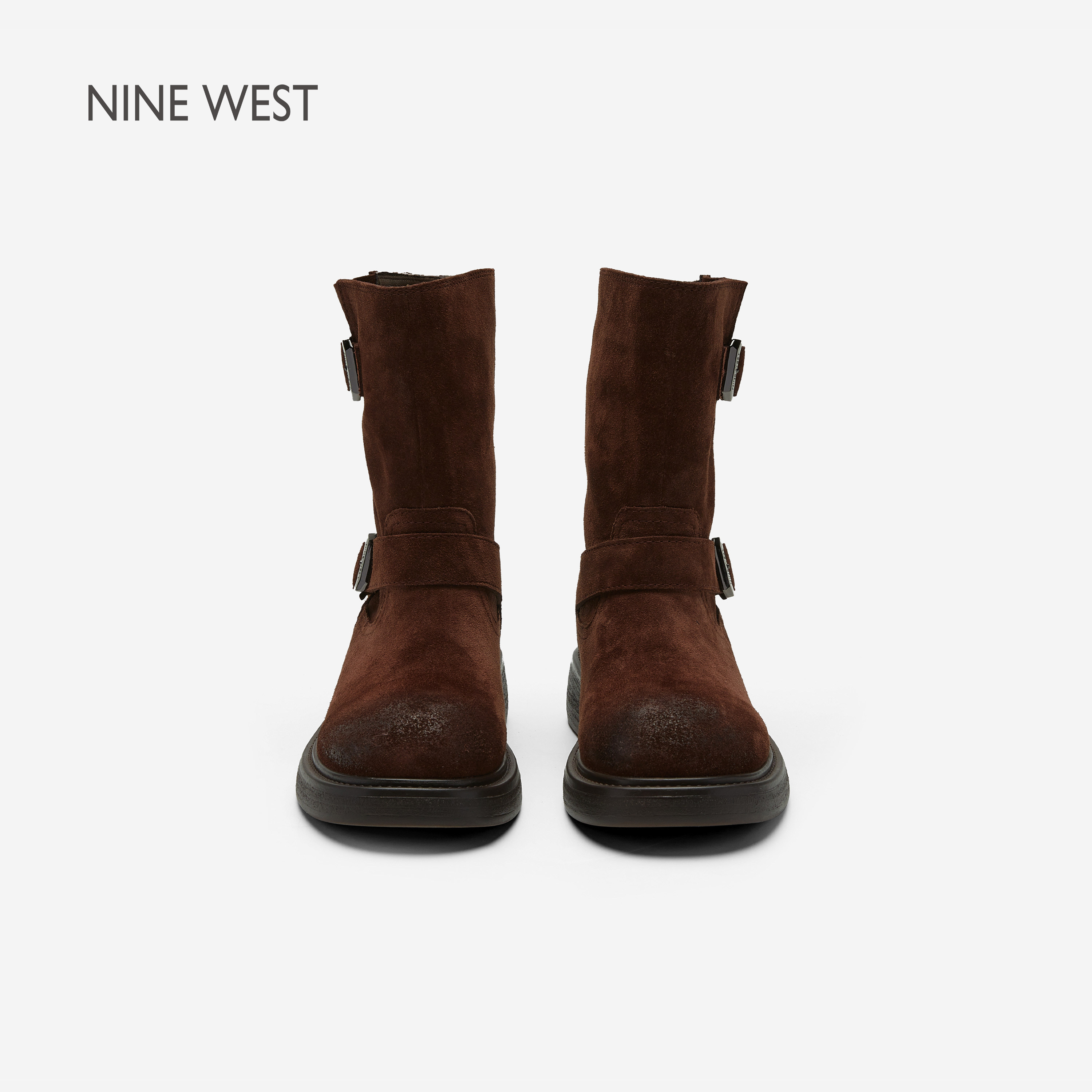 Nine West/玖熙新款2026秋冬复古棕色反绒皮带扣女厚底百搭时装靴主图