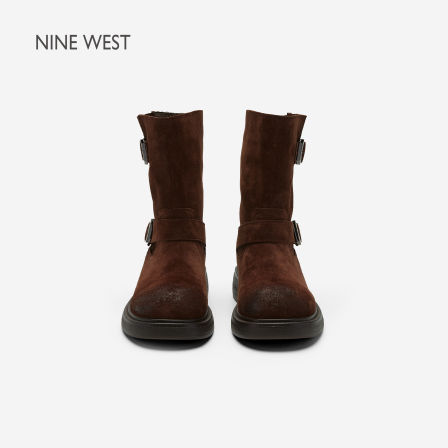 Nine West/玖熙新款2026秋冬复古棕色反绒皮带扣女厚底百搭时装靴