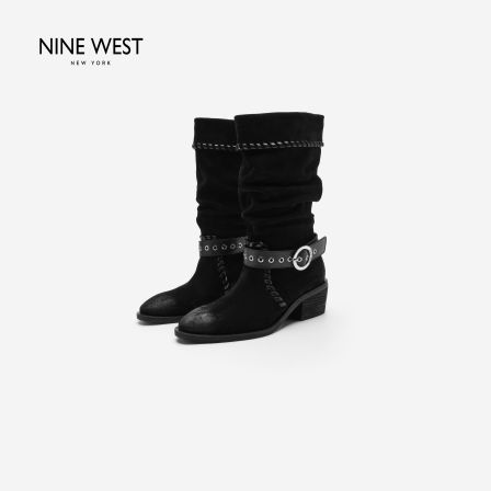 Nine West/玖熙新款2026秋冬西部牛仔风堆堆靴女复古皮带扣西部靴