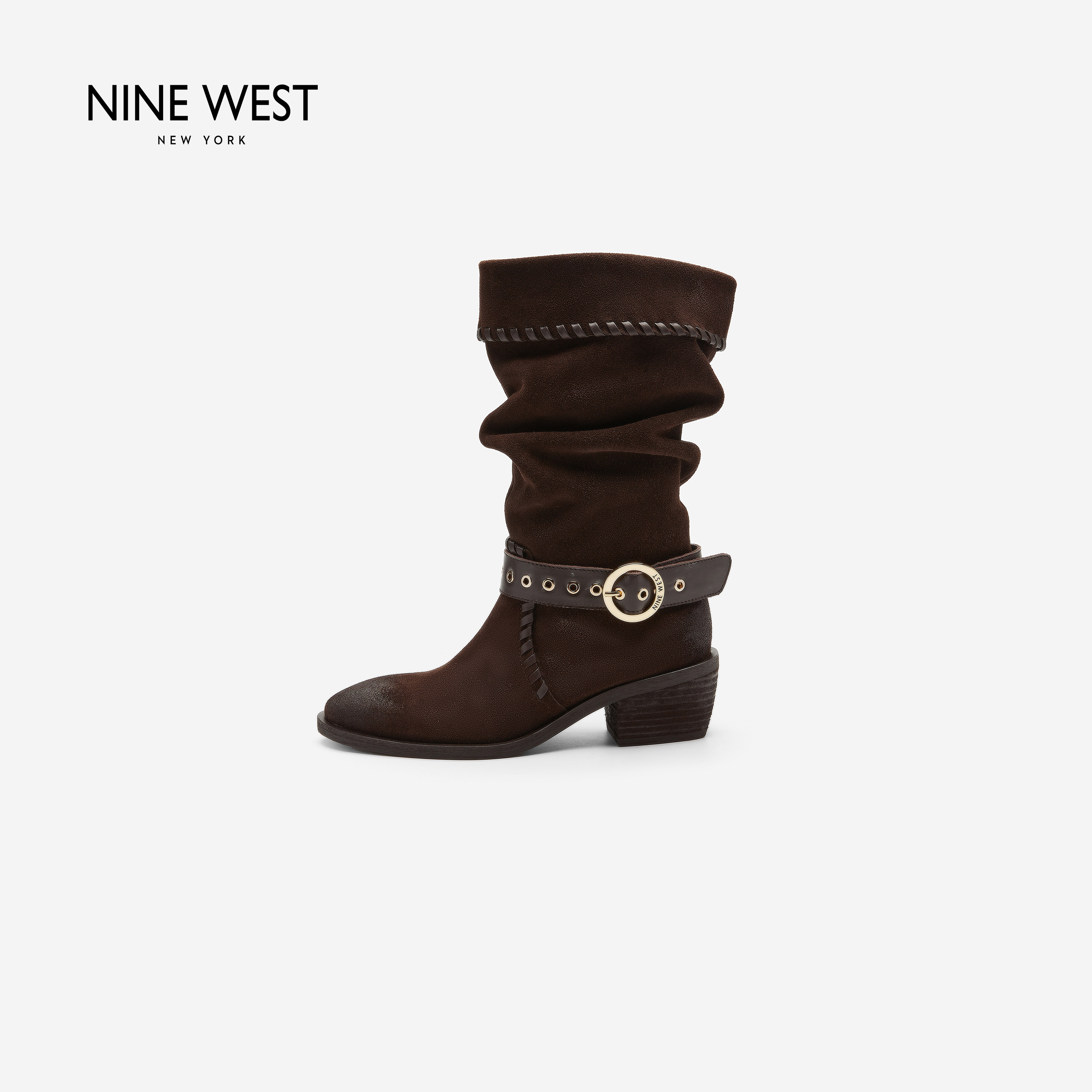 Nine West/玖熙新款2026秋冬复古风堆堆靴女铆钉皮带扣粗跟西部靴主图