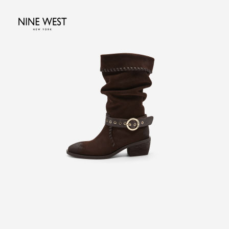 Nine West/玖熙新款2026秋冬复古风堆堆靴女铆钉皮带扣粗跟西部靴