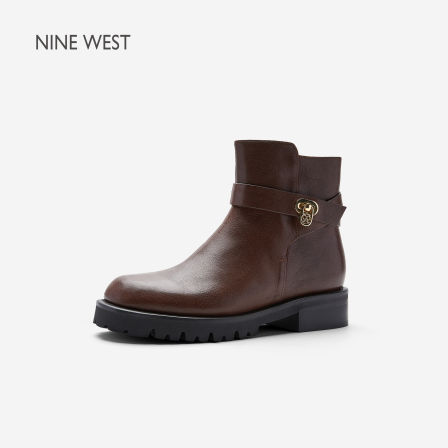 Nine West/玖熙新款2026秋冬真皮短靴女粗跟皮带扣通勤百搭时装靴