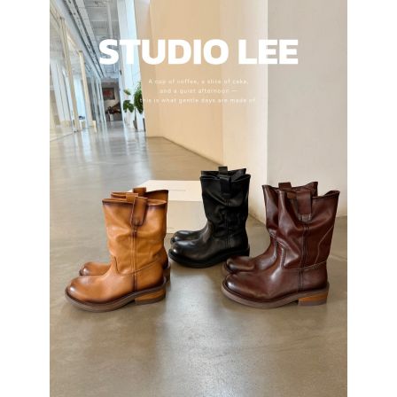 葡萄妈studiolee 5cm增高~古擦色圆尖头质感堆堆中筒骑士靴女