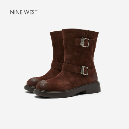 Nine West/玖熙新款2026秋冬棕色反绒皮双扣带中筒靴女厚底时装靴