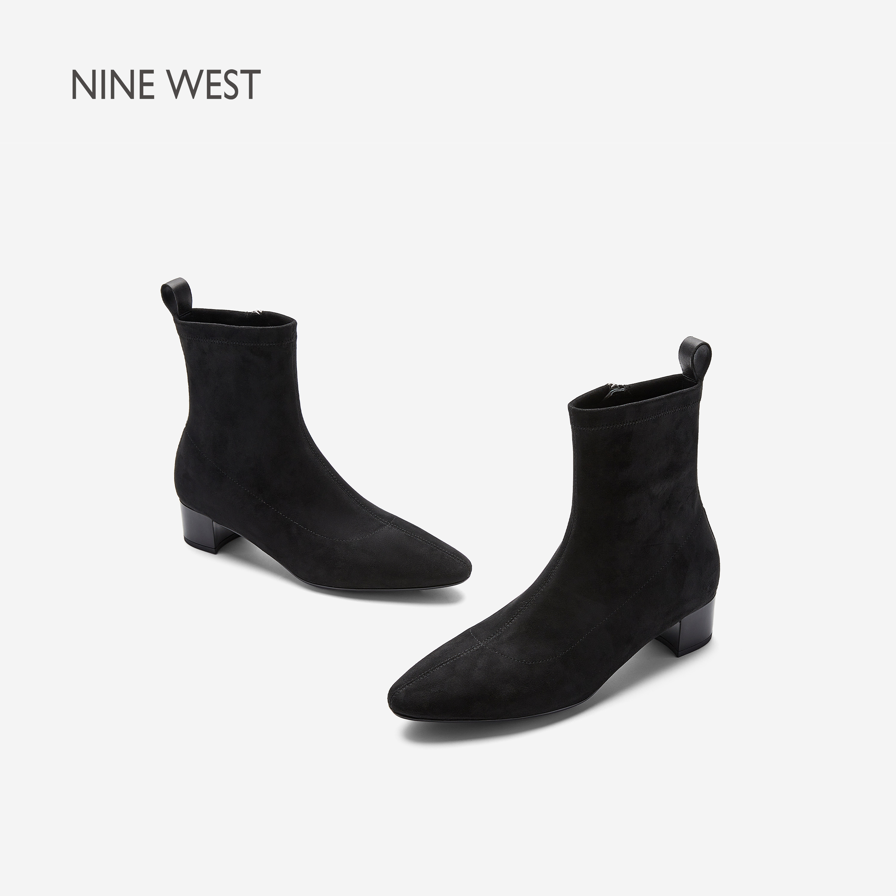 Nine West/玖熙新款2026秋冬黑色绒面弹力短靴女粗跟瘦瘦靴踝靴主图