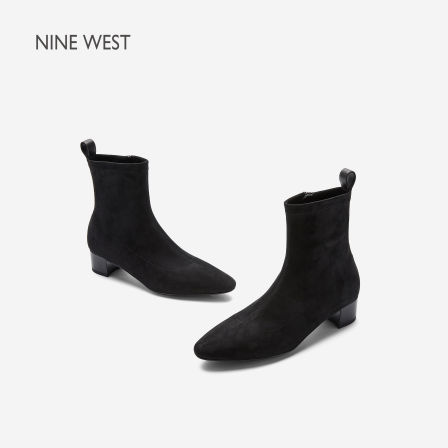 Nine West/玖熙新款2026秋冬黑色绒面弹力短靴女粗跟瘦瘦靴踝靴