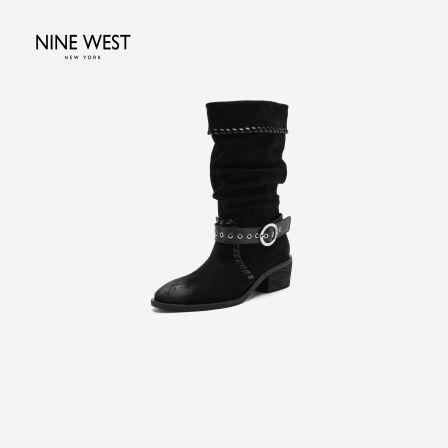 Nine West/玖熙新款2026秋冬复古西部堆堆靴女皮带扣粗跟褶皱长靴