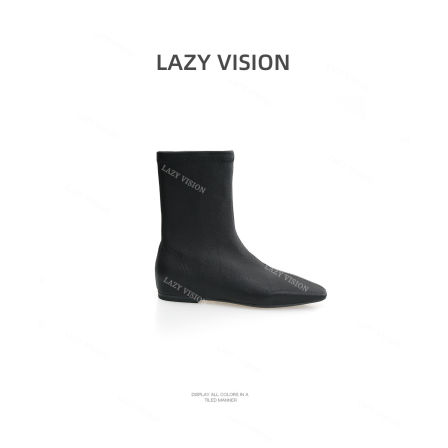 LAZYVISION极简进口弹力羊皮方头短筒靴女休闲低跟瘦瘦靴子39681
