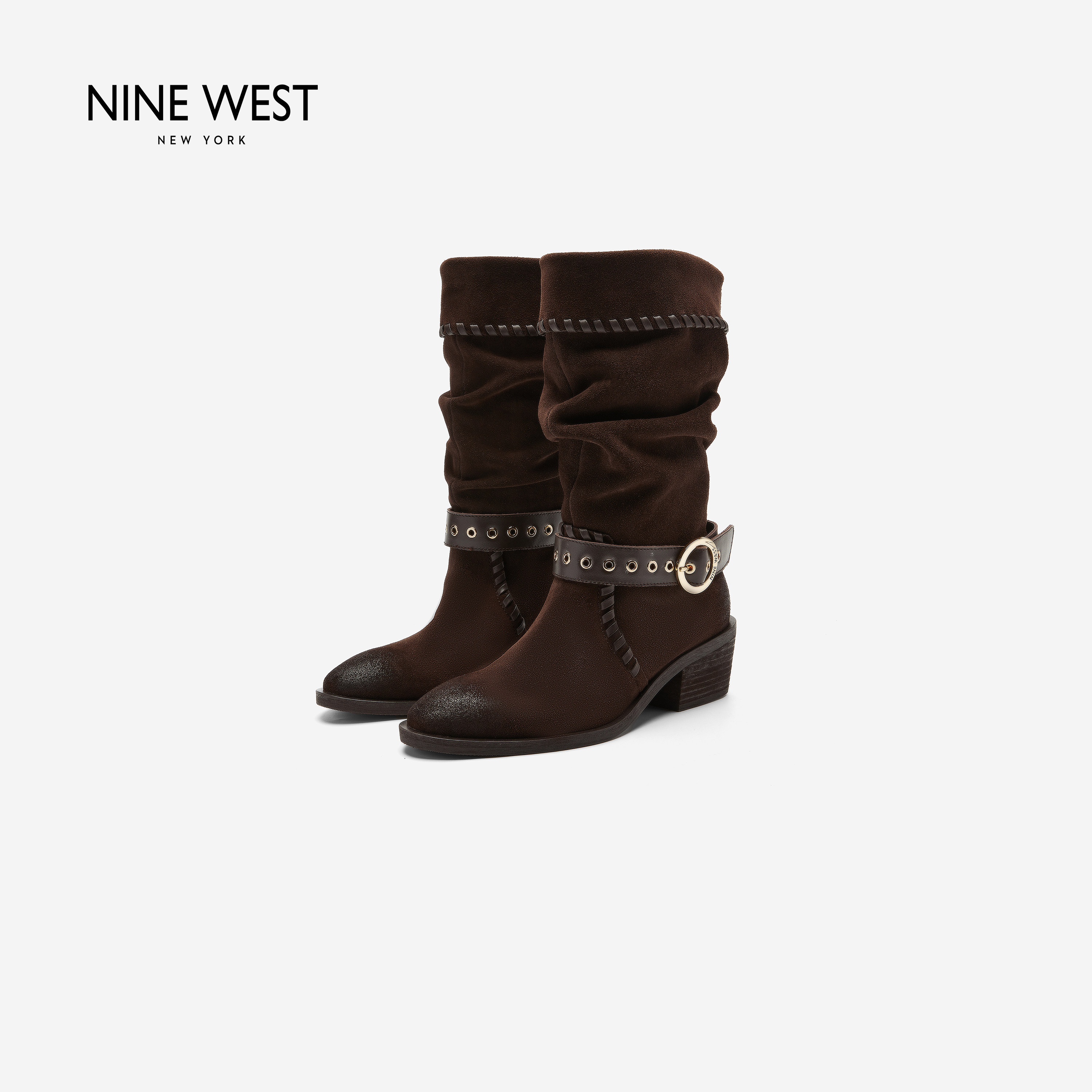 Nine West/玖熙复古堆堆中筒靴女扣带装饰粗跟西部风秋冬长筒女靴主图