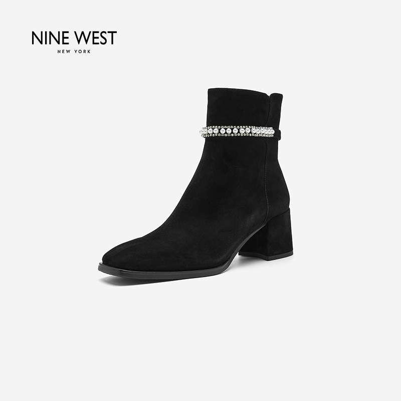 Nine West/玖熙短靴女珍珠水钻饰带粗跟侧拉链法式气质秋冬短筒靴主图