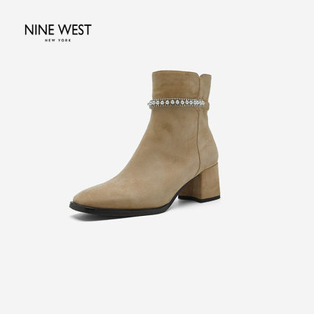 Nine West/玖熙短靴女珍珠水钻饰带粗跟侧拉链法式气质秋冬短筒靴