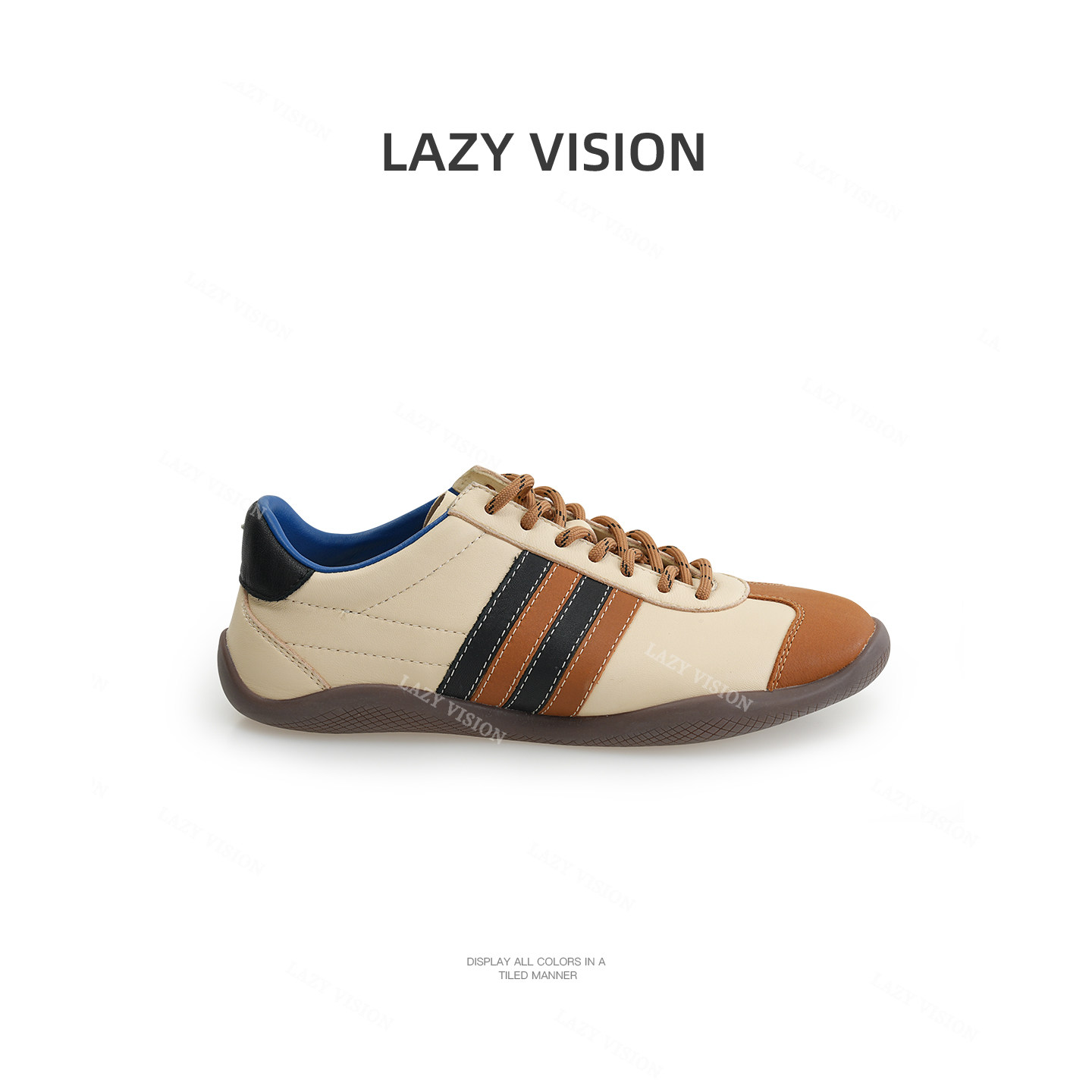 LAZYVISION复古进口胎牛皮德训鞋女士撞色系带薄底休闲板鞋39682主图