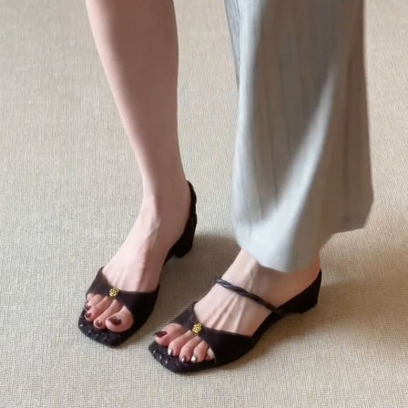 羊皮版~法式露趾一字拖粗跟凉拖鞋女夏季两穿高跟拖鞋一字带凉鞋