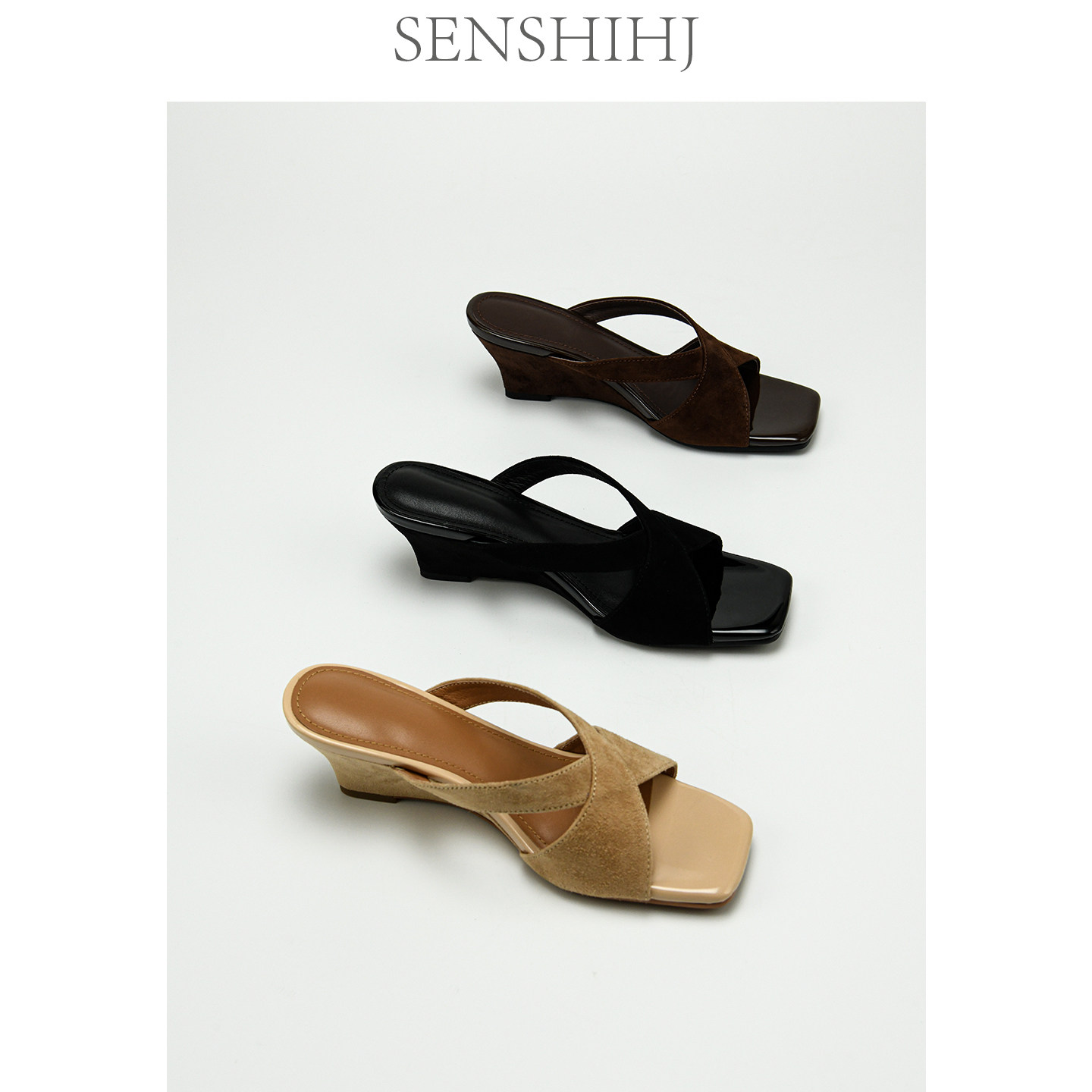 SENSHIHJ/森诗和匠头层羊翻皮交叉带一字拖鞋女方头坡跟高跟凉拖主图